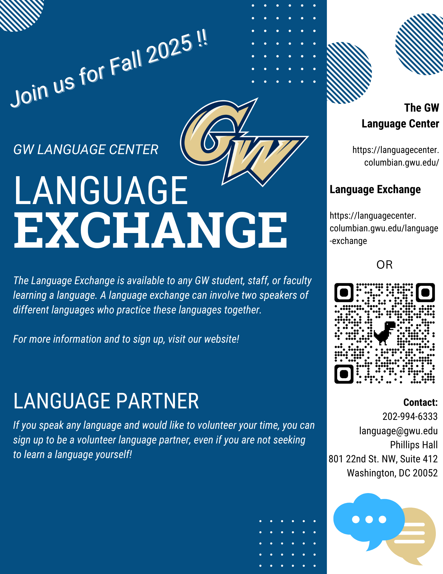 Join the Language Center's language exchange program to find a language partner to practice languages with one another!