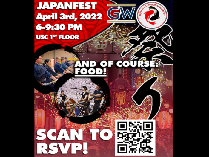Japanfest 2022 flyer, April 3, 2022, 6-9:30 pm, with a QR code for registration